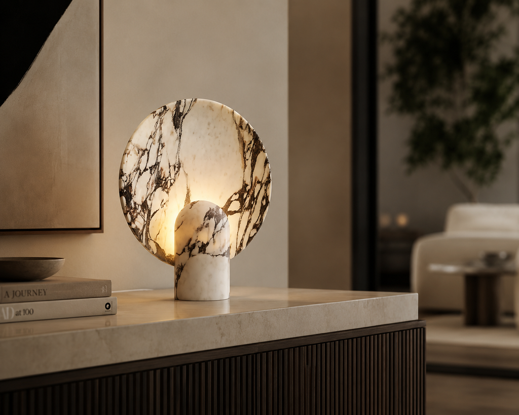 Sculptural Marble Halo Table Lamp - Calacatta Viola, Travertine, & Arabescato Stone Sconce