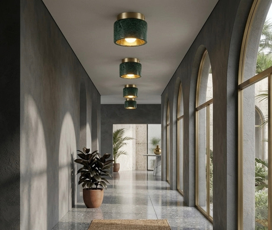 Artisanal Marble & Brass Flush Mount Ceiling Light