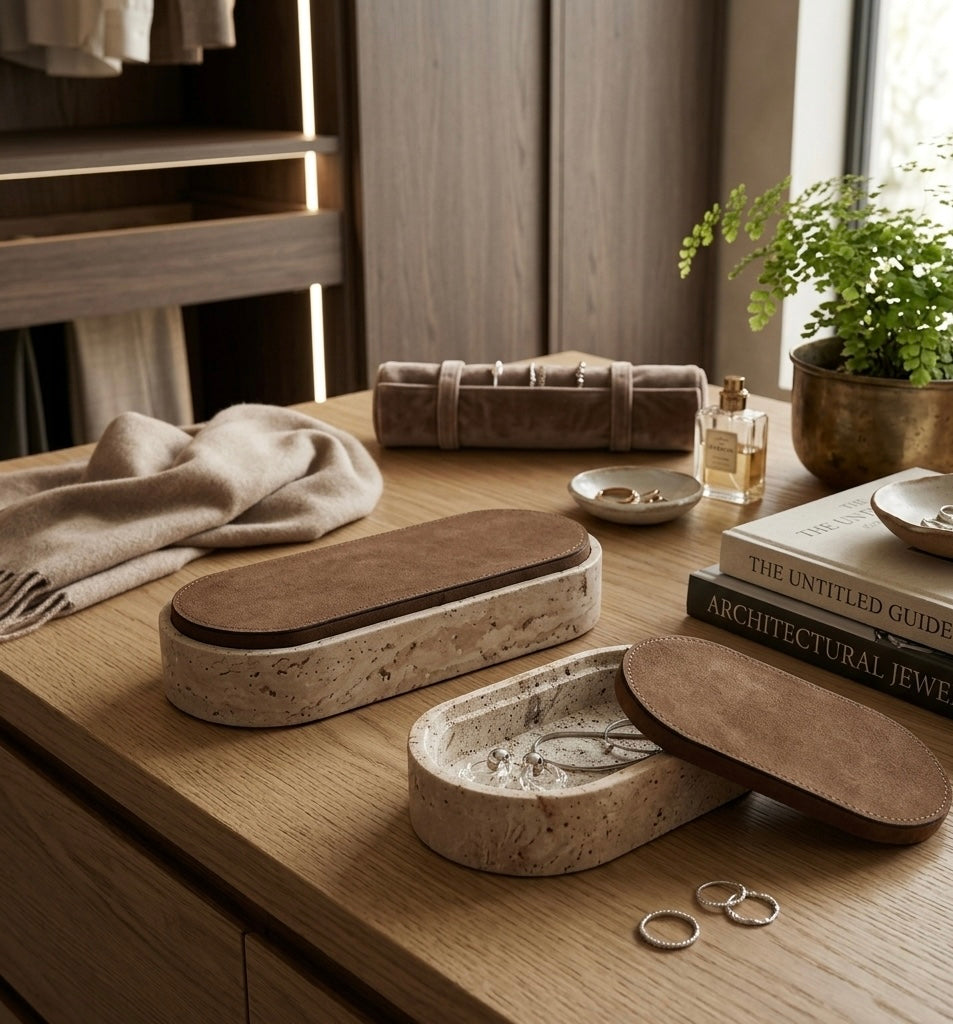 Vintage Artisan Stone Valet Tray with Leather Lid