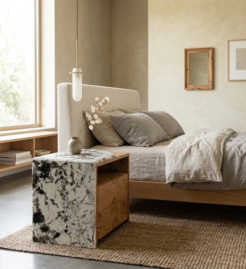 Arc Waterfall Stone Asymmetric Bedside Table