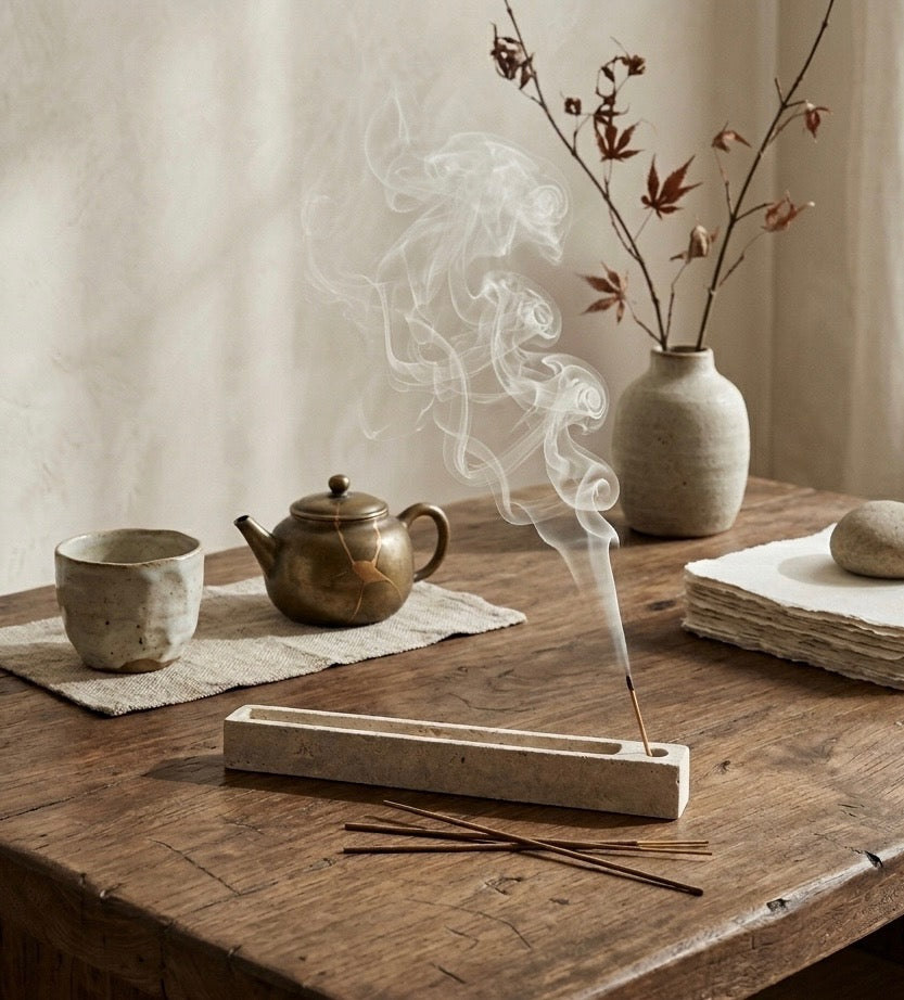 The Aura Travertine Block Incense Holder & Ash Catcher