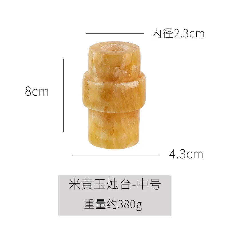 Yellow Onyx or Travertine Candle Holder - Minimalist Geometric Stone Pillar and Taper Candlestick