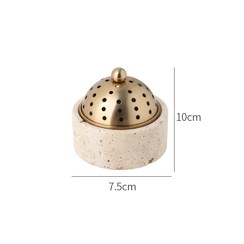 Travertine Incense Burner - Modern Stone Cone Burner with Brass Lid