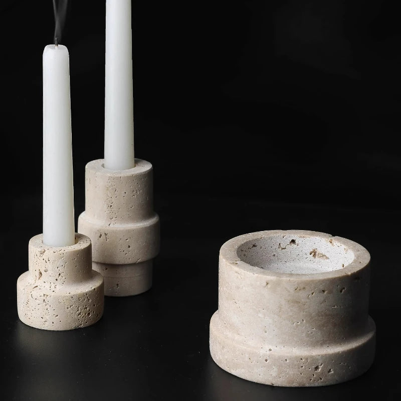 Yellow Onyx or Travertine Candle Holder - Minimalist Geometric Stone Pillar and Taper Candlestick