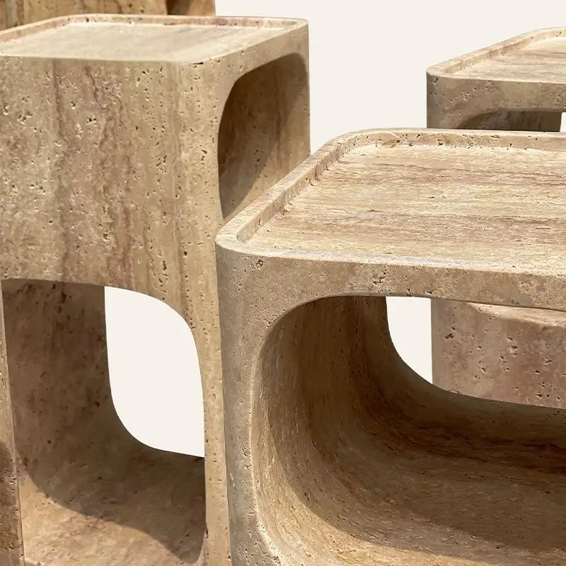The Hollow Monolith – Hand-Carved Travertine Nightstand & Side Table