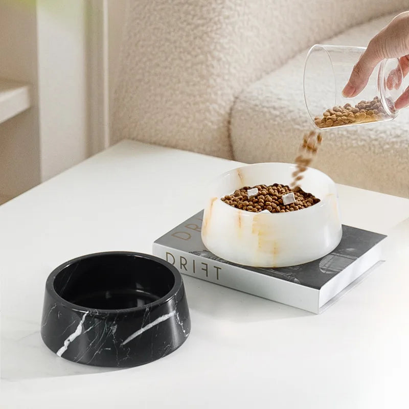 Luxury Marble Pet Bowl - White Onyx or Black Marble Cat and Dog Food Dish