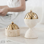 Travertine Incense Burner - Modern Stone Cone Burner with Brass Lid