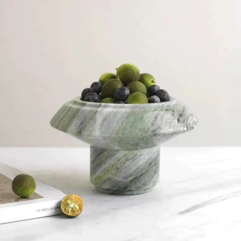 Geometric Marble Pedestal Fruit Bowl - Prada Green & Nero Marquina Footed Compote Dish