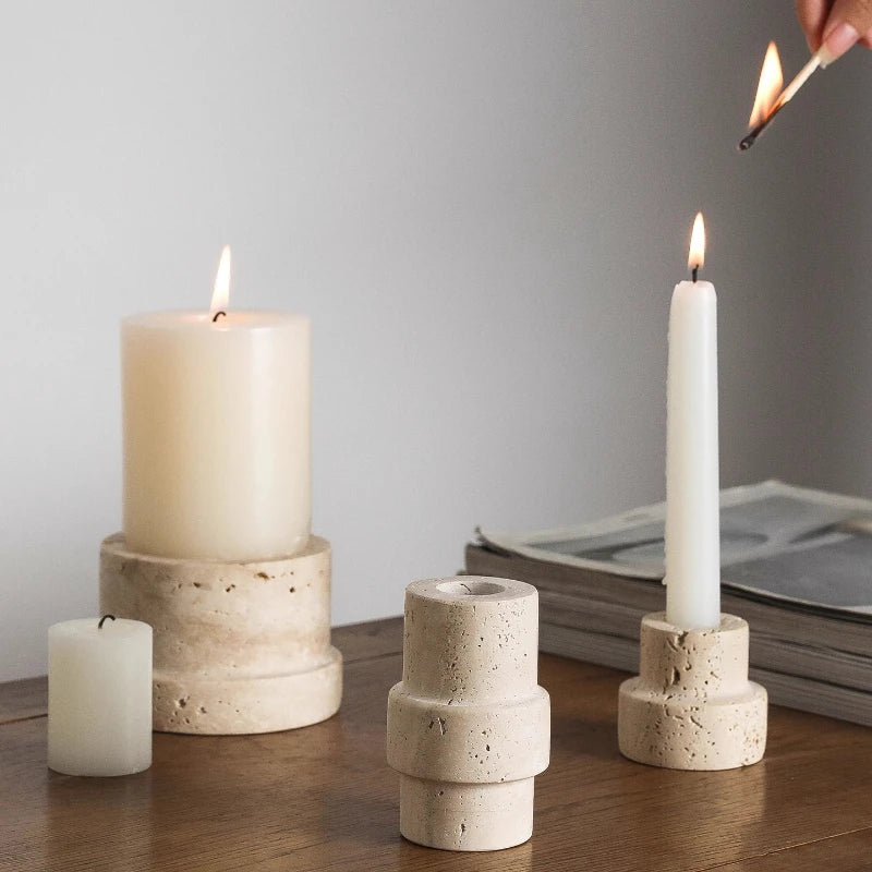 Yellow Onyx or Travertine Candle Holder - Minimalist Geometric Stone Pillar and Taper Candlestick