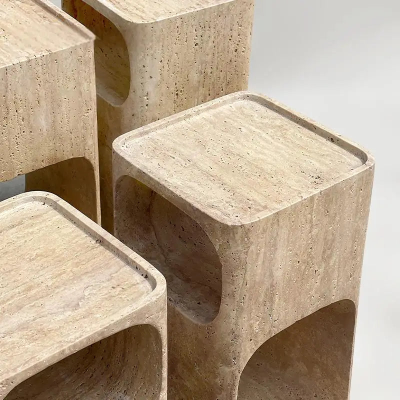 The Hollow Monolith – Hand-Carved Travertine Nightstand & Side Table