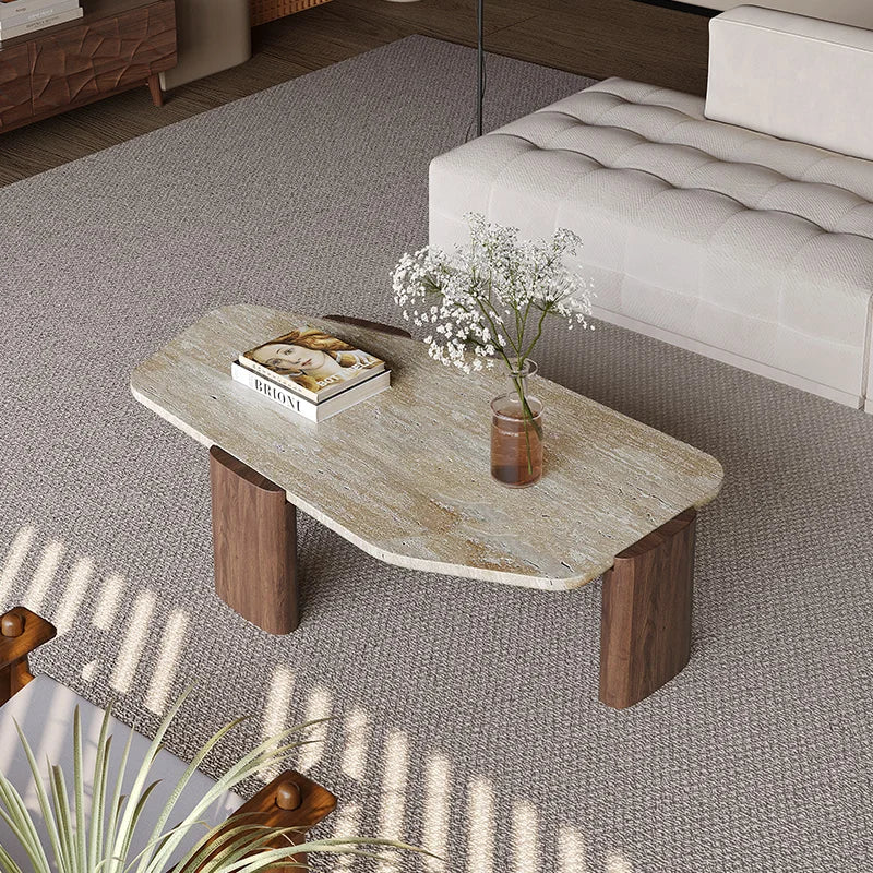 The Marcel Travertine & Walnut Oval Coffee Table