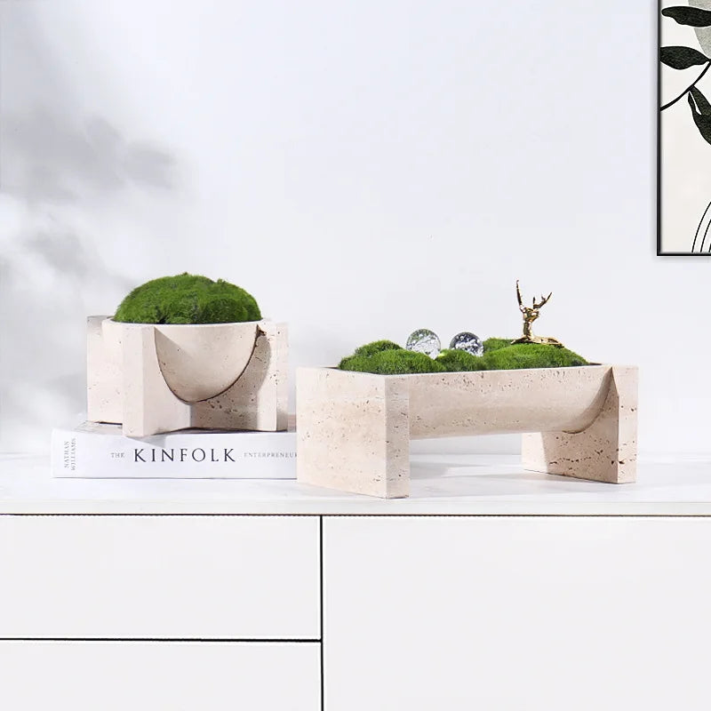 Travertine Stone Planter - Modern Rectangular or Round Succulent Pot