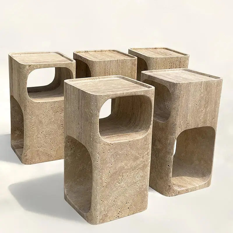The Hollow Monolith – Hand-Carved Travertine Nightstand & Side Table