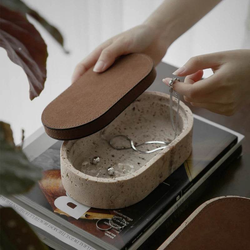Vintage Artisan Stone Valet Tray with Leather Lid