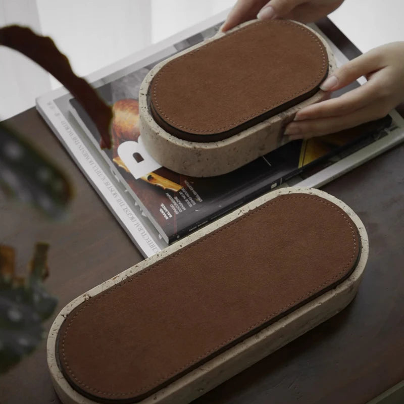 Vintage Artisan Stone Valet Tray with Leather Lid