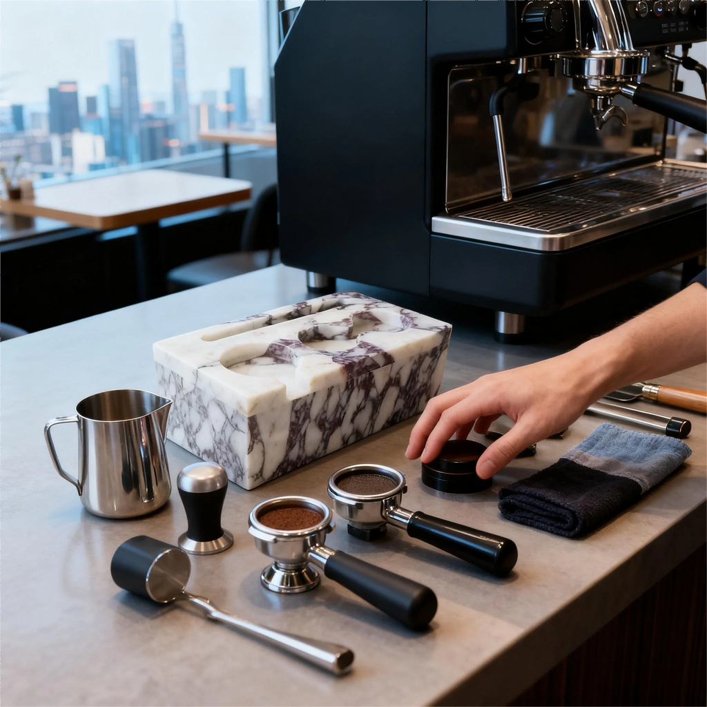 The Viola Calacatta Marble Espresso Tamping Station Block