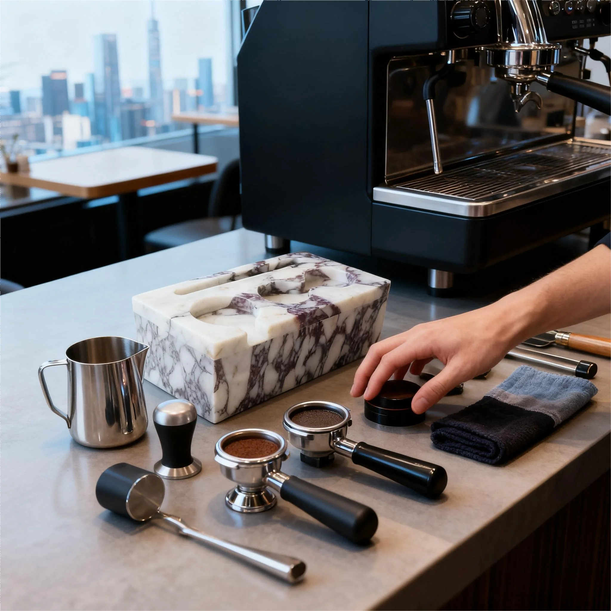 The Viola Calacatta Marble Espresso Tamping Station Block