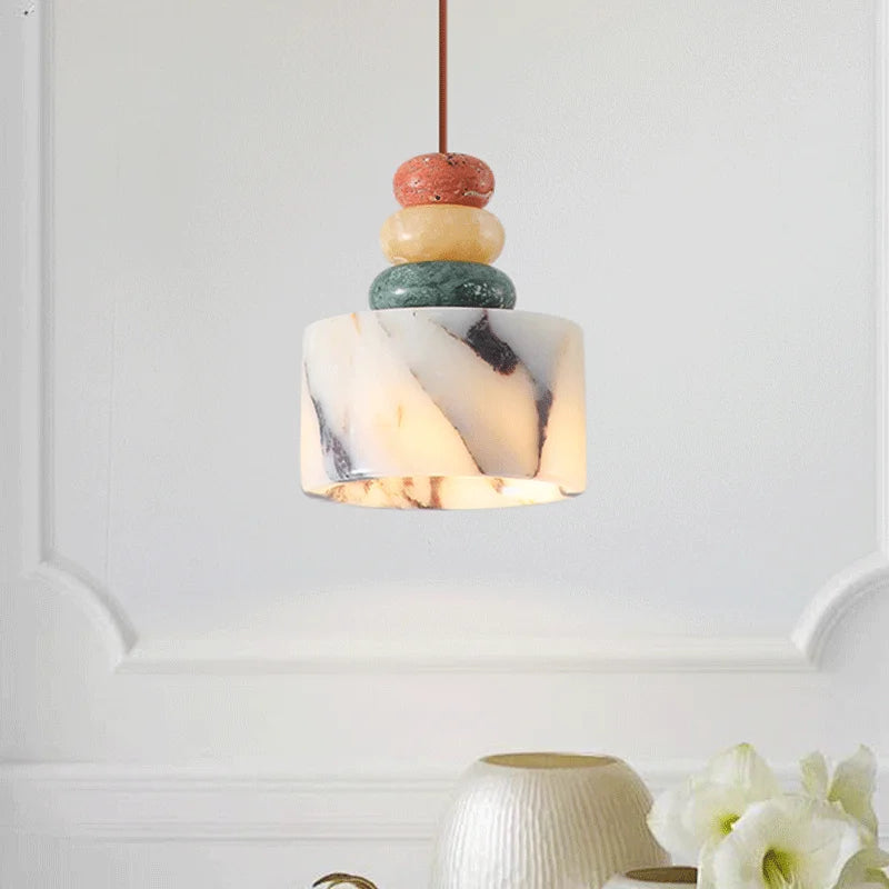 Stacked Stone Pendant Light - Marble and Onyx Geometric Pebble Hanging Lamp
