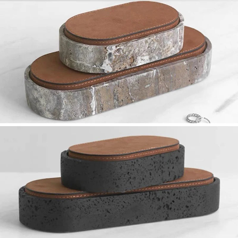 Vintage Artisan Stone Valet Tray with Leather Lid