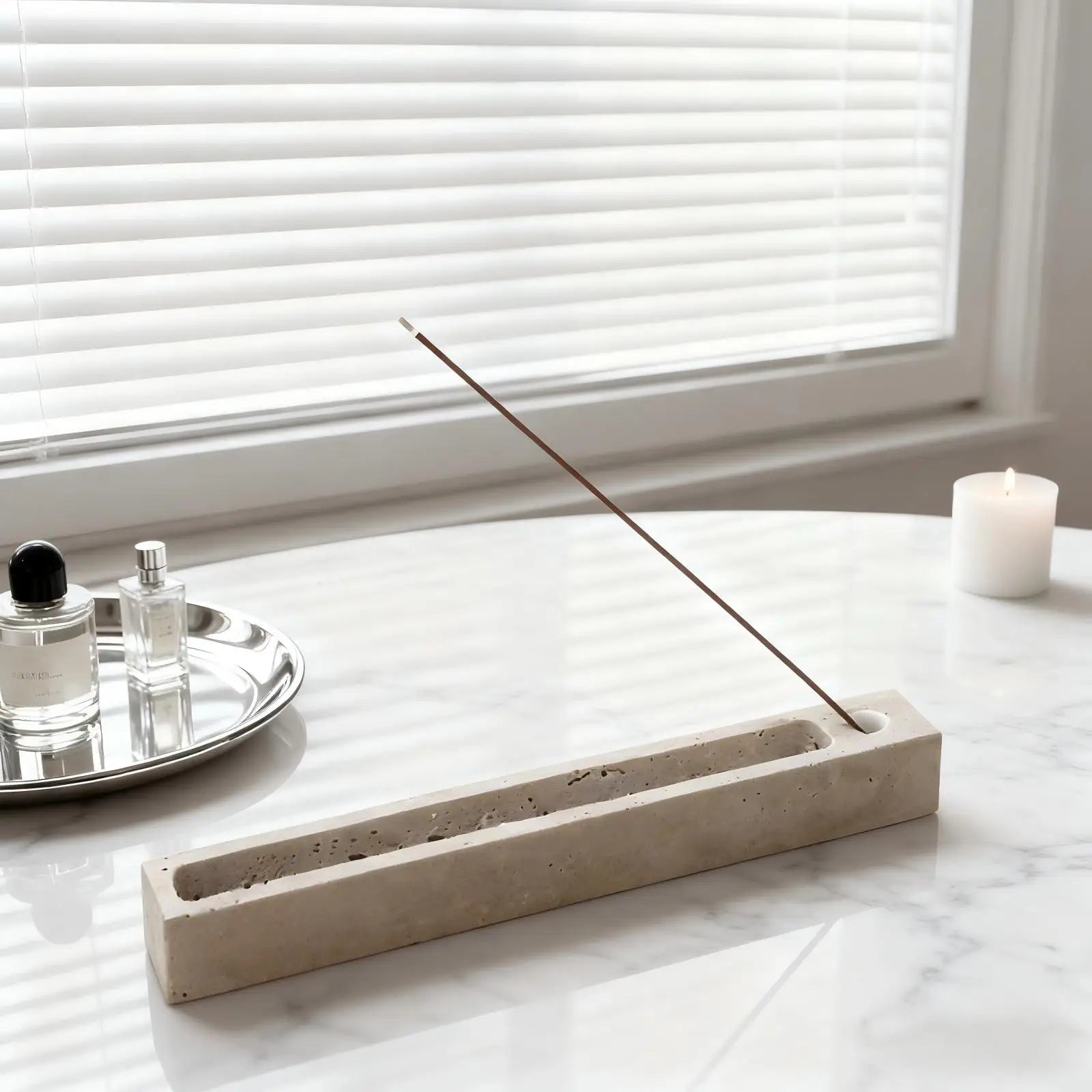 The Aura Travertine Block Incense Holder & Ash Catcher