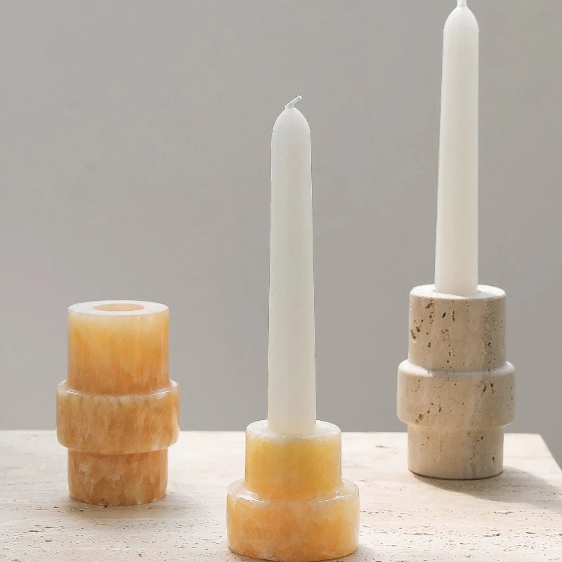 Yellow Onyx or Travertine Candle Holder - Minimalist Geometric Stone Pillar and Taper Candlestick