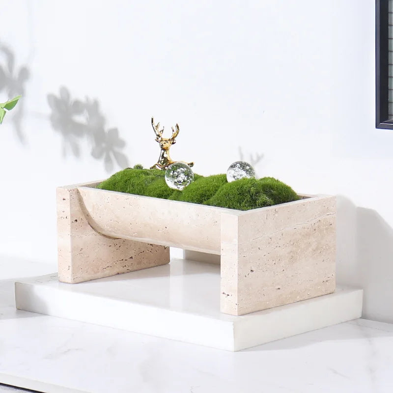 Travertine Stone Planter - Modern Rectangular or Round Succulent Pot