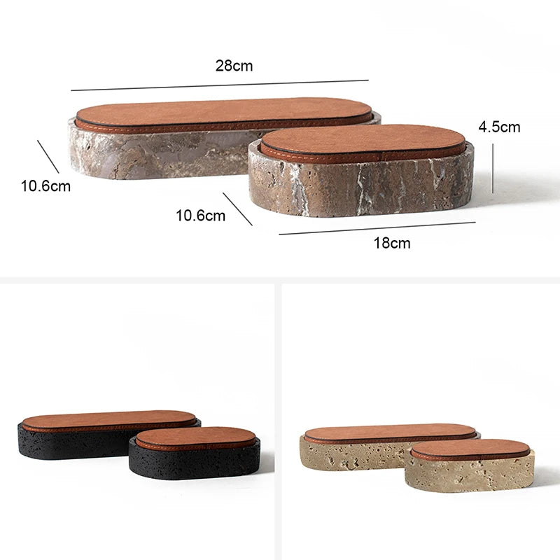 Vintage Artisan Stone Valet Tray with Leather Lid