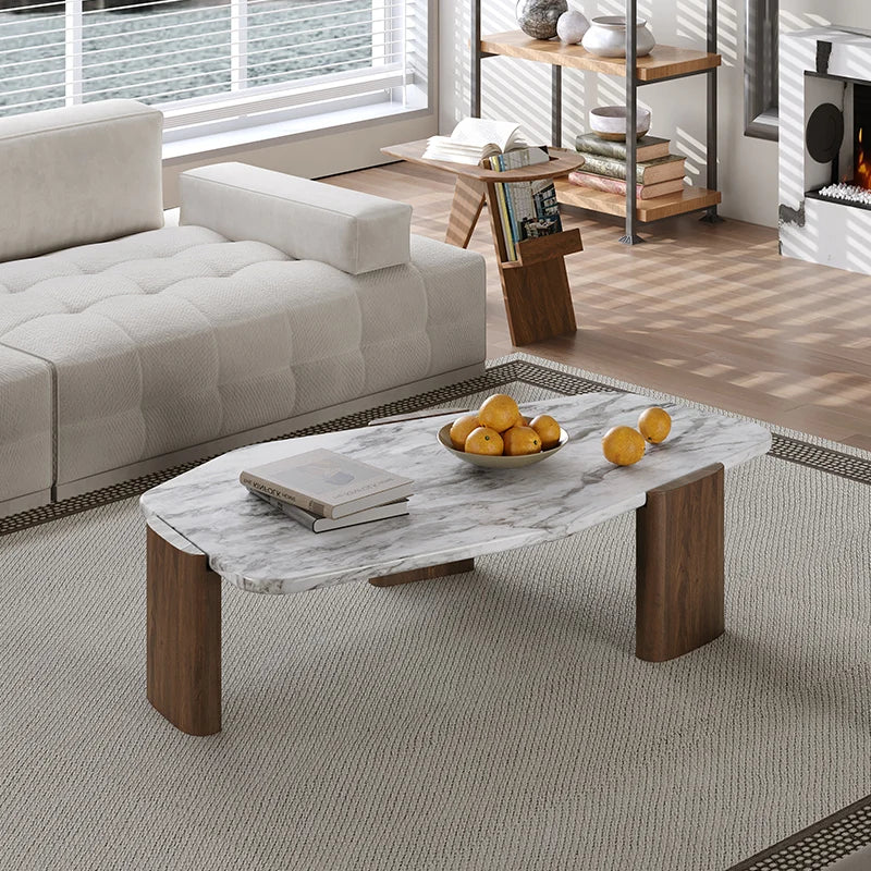 The Marcel Travertine & Walnut Oval Coffee Table