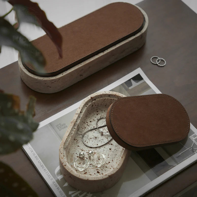 Vintage Artisan Stone Valet Tray with Leather Lid