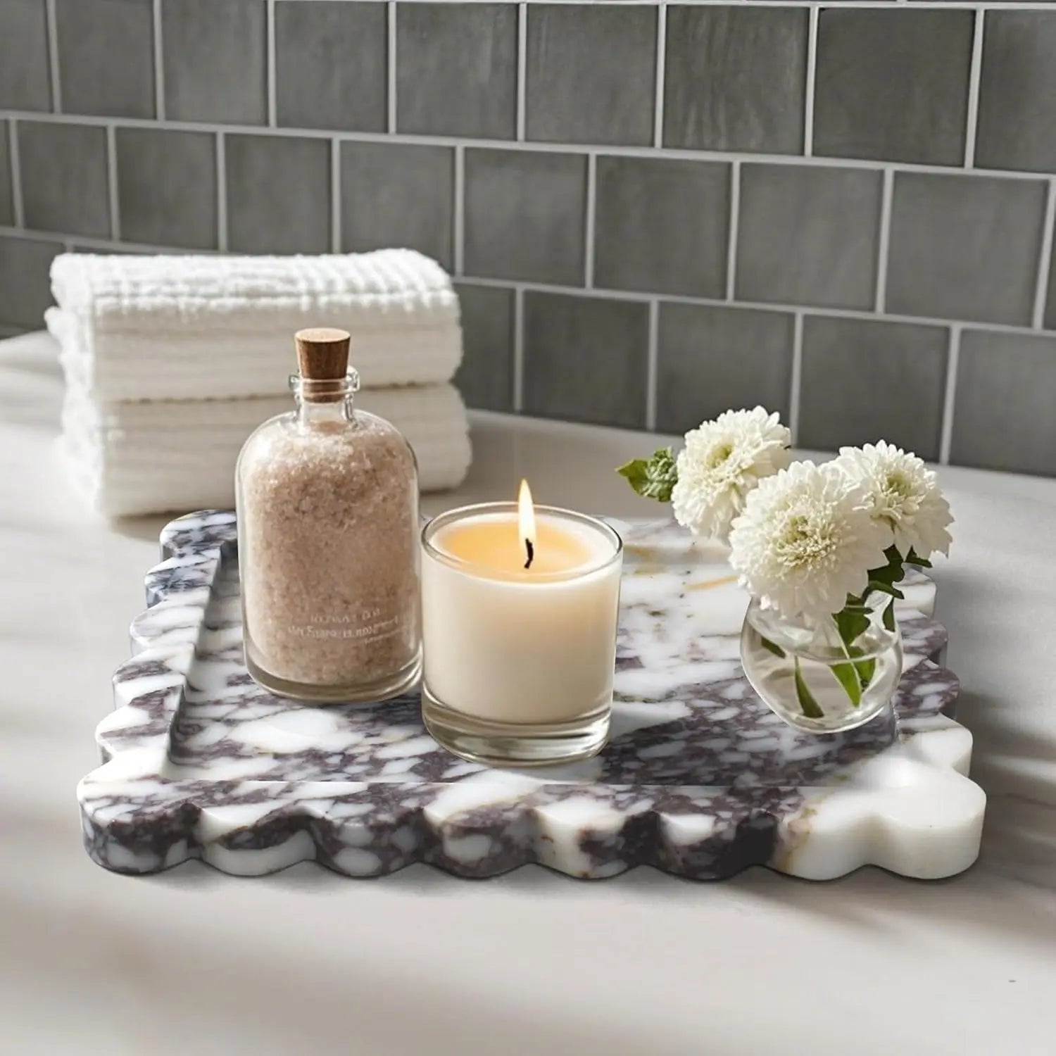Scalloped Marble Tray - Calacatta Viola Wavy Decorative Vanity Platter
