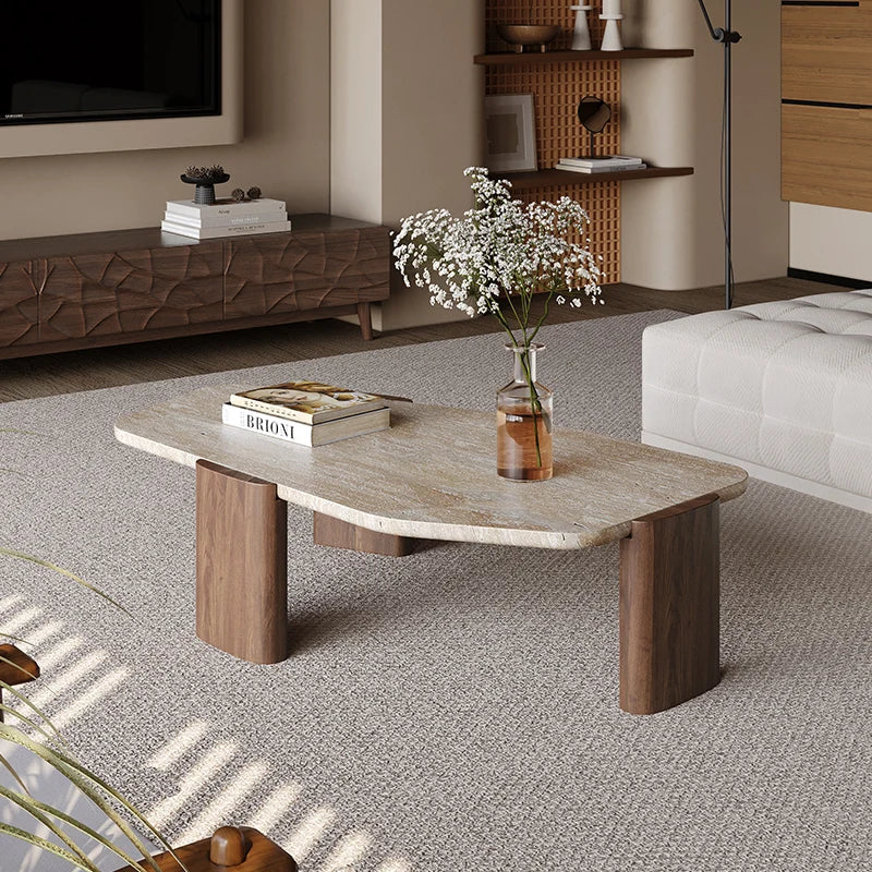 The Marcel Travertine & Walnut Oval Coffee Table