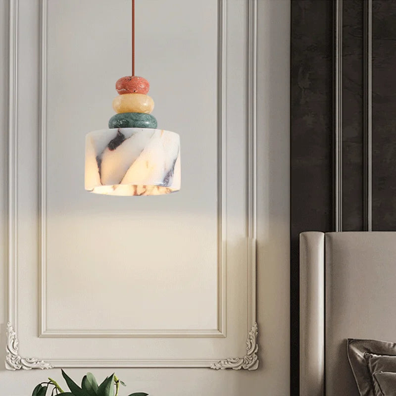 Stacked Stone Pendant Light - Marble and Onyx Geometric Pebble Hanging Lamp