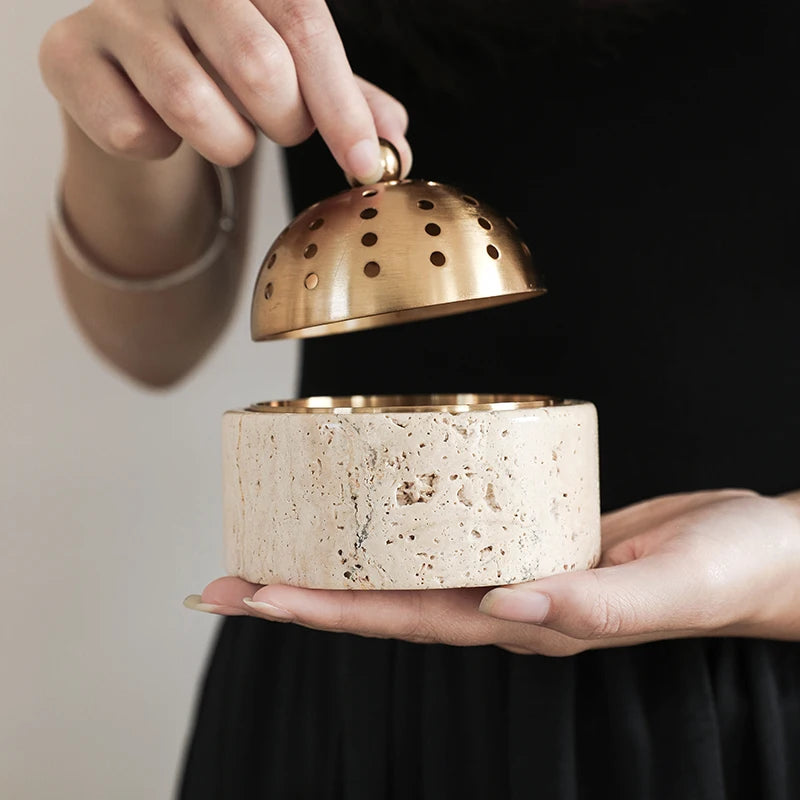 Travertine Incense Burner - Modern Stone Cone Burner with Brass Lid