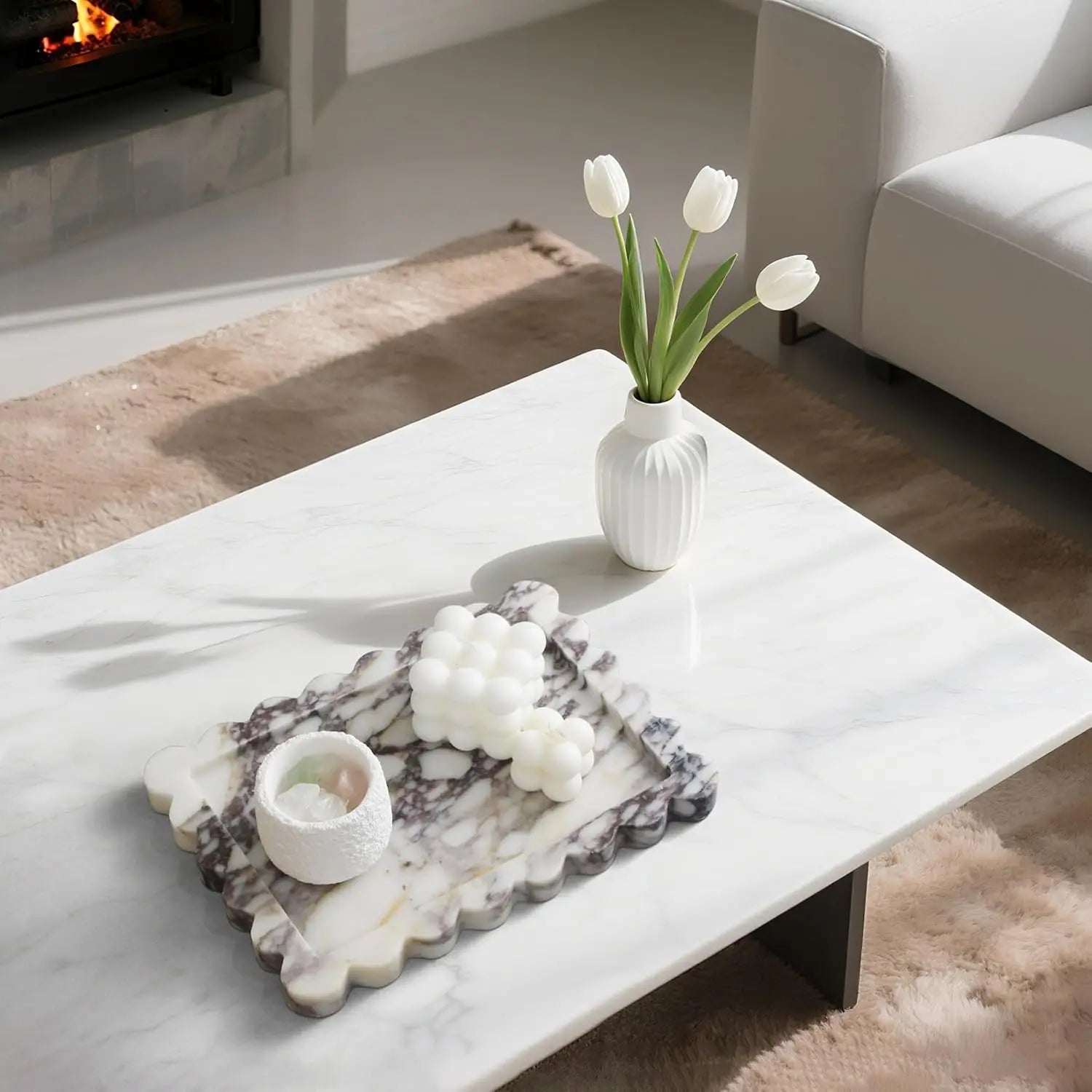 Scalloped Marble Tray - Calacatta Viola Wavy Decorative Vanity Platter