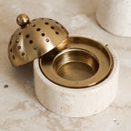 Travertine Incense Burner - Modern Stone Cone Burner with Brass Lid