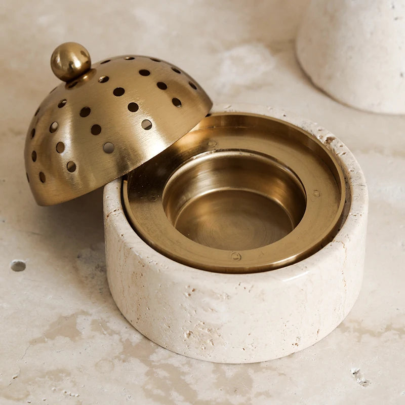 Travertine Incense Burner - Modern Stone Cone Burner with Brass Lid