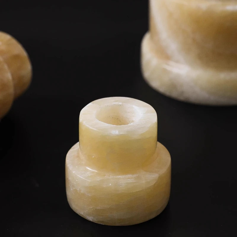 Yellow Onyx or Travertine Candle Holder - Minimalist Geometric Stone Pillar and Taper Candlestick