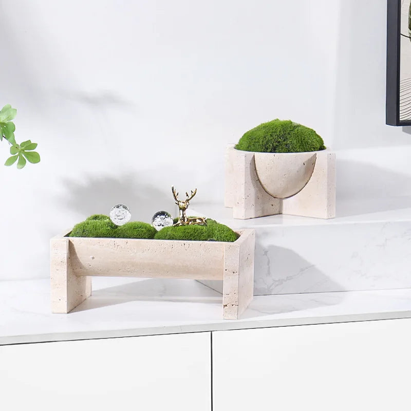 Travertine Stone Planter - Modern Rectangular or Round Succulent Pot