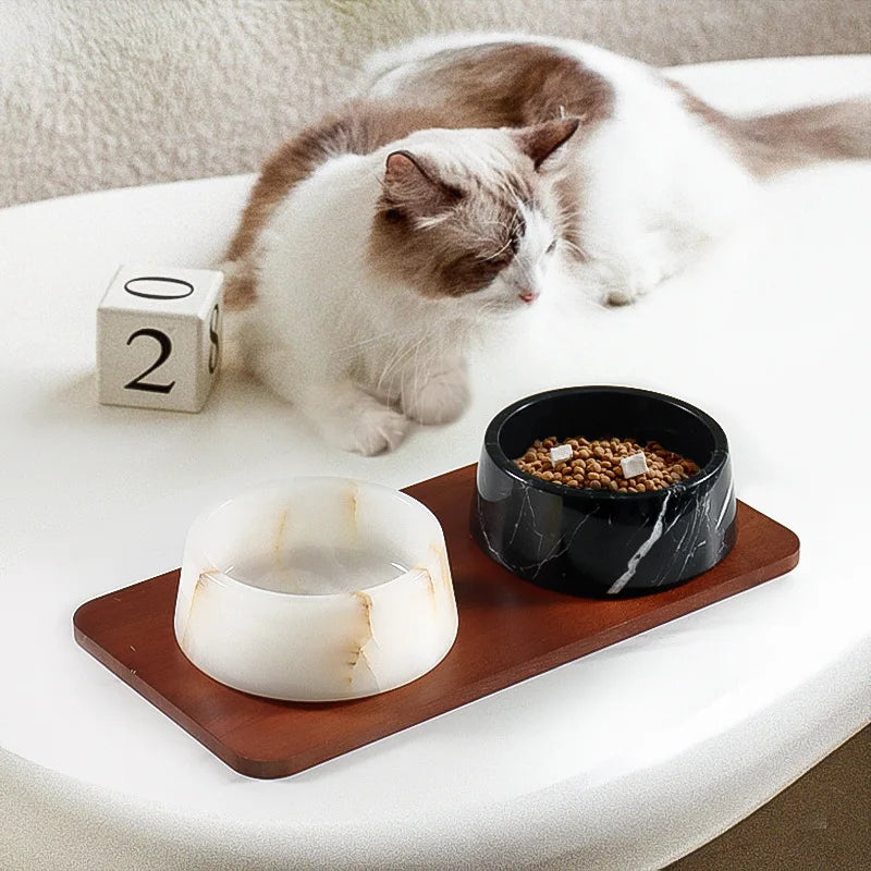 Luxury Marble Pet Bowl - White Onyx or Black Marble Cat and Dog Food Dish