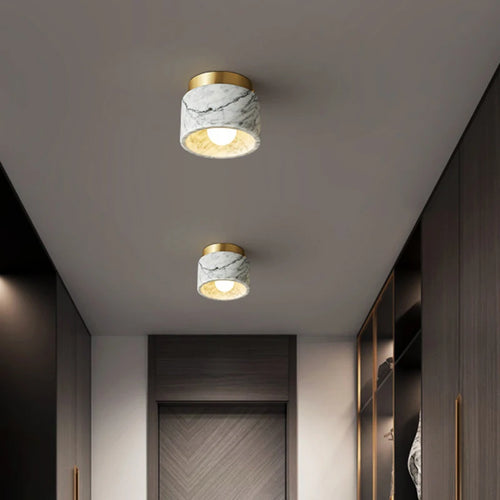 Artisanal Marble & Brass Flush Mount Ceiling Light