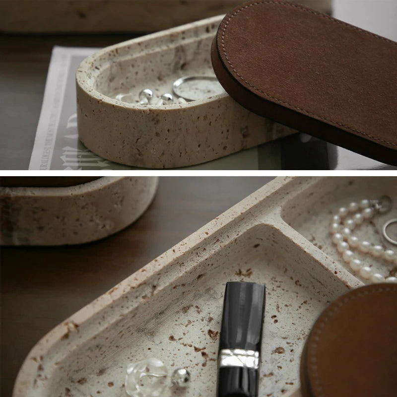 Vintage Artisan Stone Valet Tray with Leather Lid