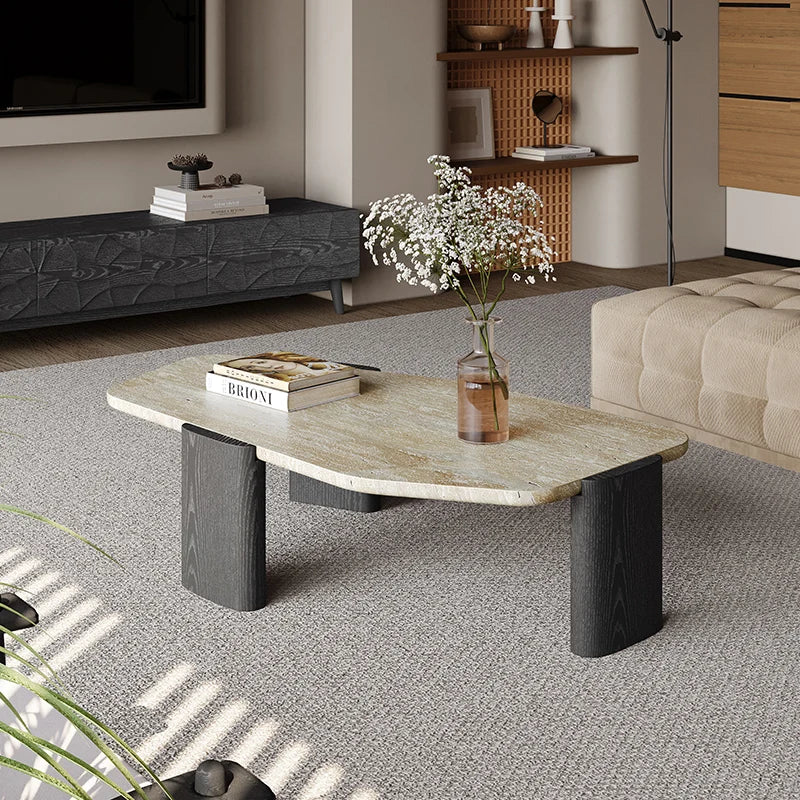 The Marcel Travertine & Walnut Oval Coffee Table