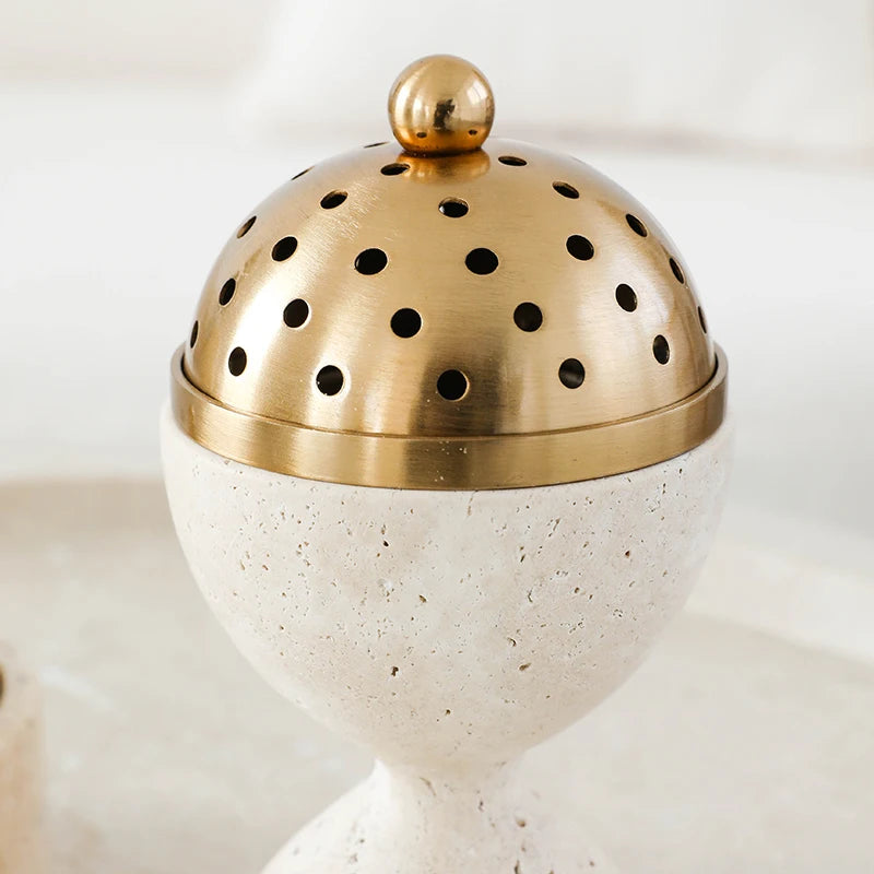 Travertine Incense Burner - Modern Stone Cone Burner with Brass Lid