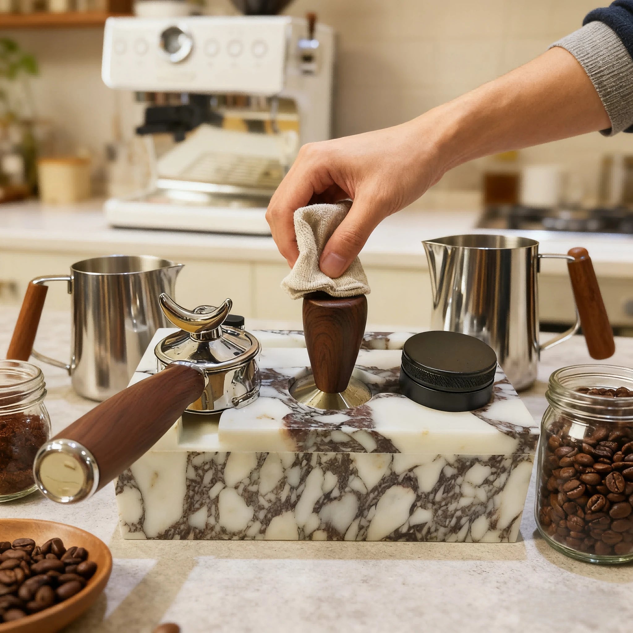 The Viola Calacatta Marble Espresso Tamping Station Block