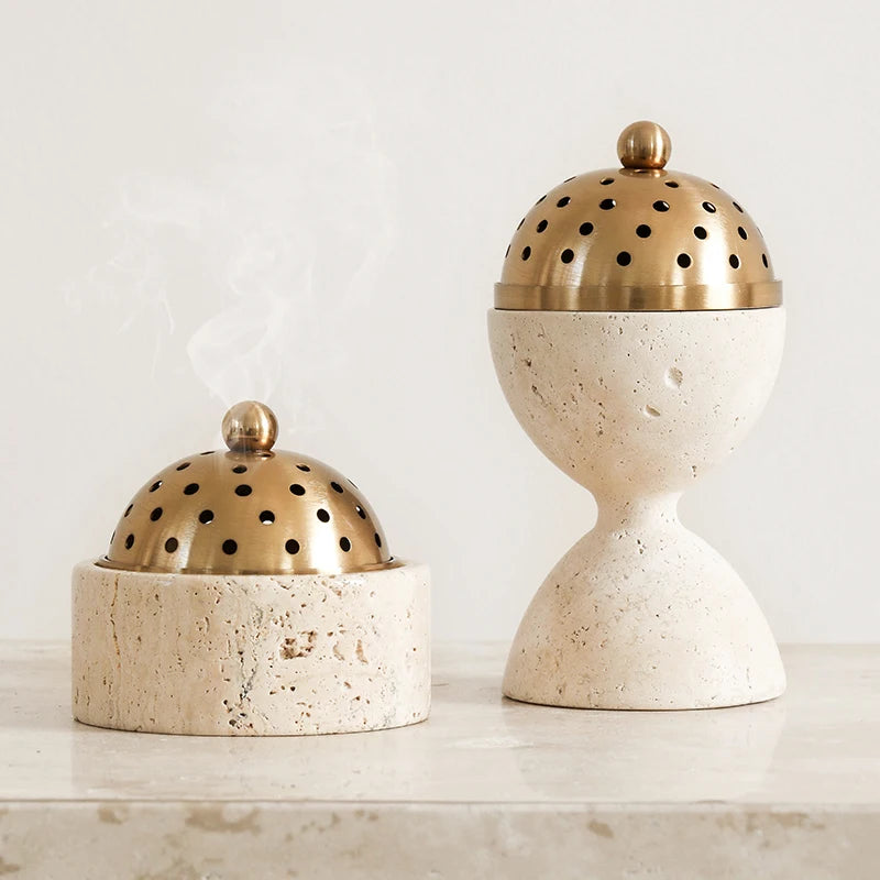 Travertine Incense Burner - Modern Stone Cone Burner with Brass Lid