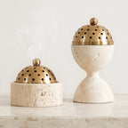 Travertine Incense Burner - Modern Stone Cone Burner with Brass Lid