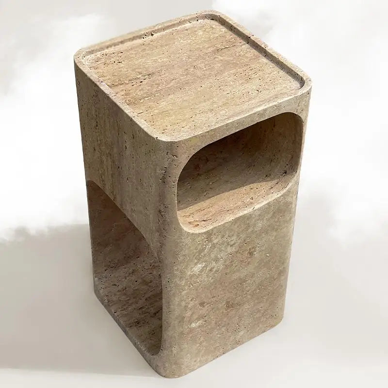 The Hollow Monolith – Hand-Carved Travertine Nightstand & Side Table