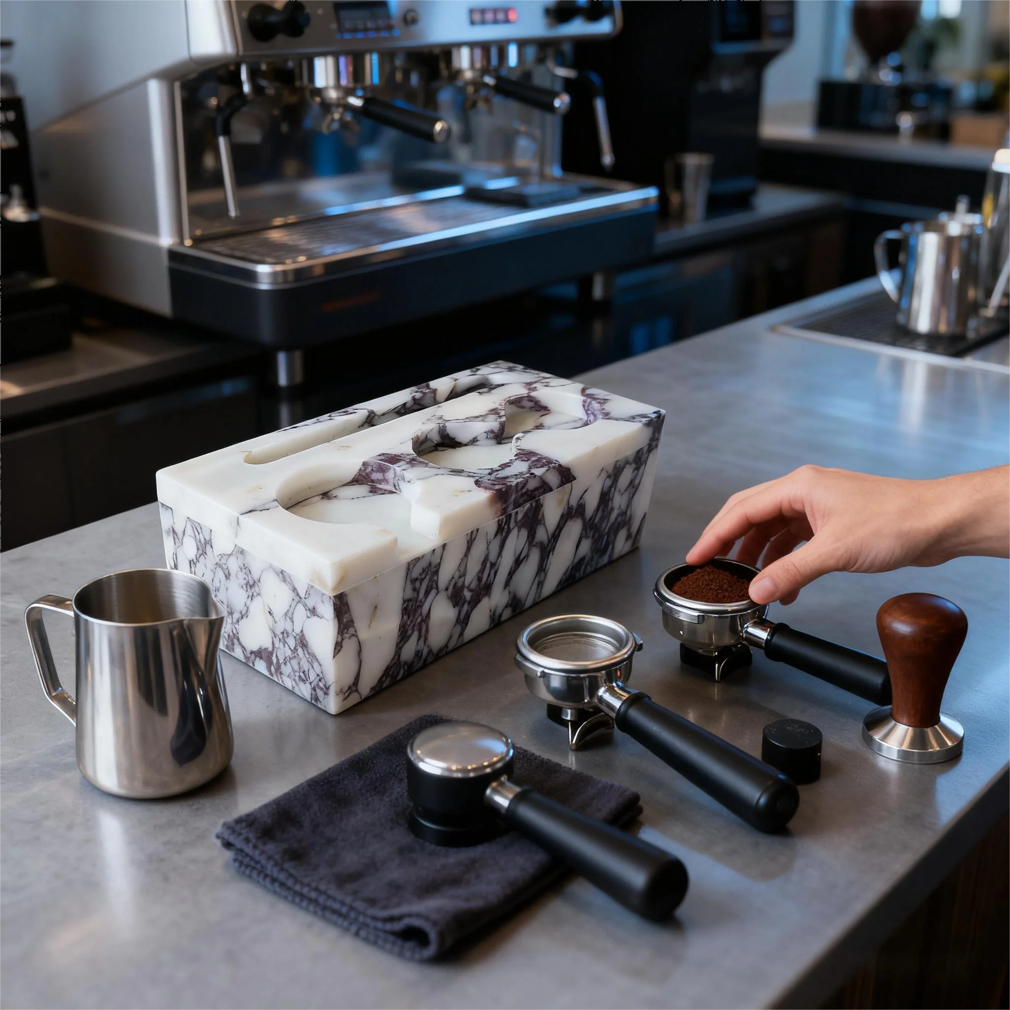 The Viola Calacatta Marble Espresso Tamping Station Block